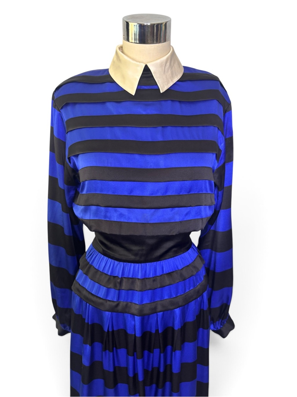 Nipon Boutique Vintage Silk Striped Blue and Black Midi dress - Picture 5 of 10